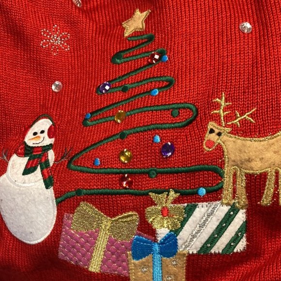 Tacky Christmas Sweater Acrylic Snowman Extra Large Red Gold Trim - Picture 3 of 3